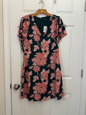 NWT J.Crew Mercantile Green & Pink Floral Tie-Sleeve V-Neck Dress - Size 12